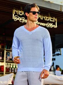 Manfinity Homme Men's Hollow Out V-Neck Sweater - Blue - View 4