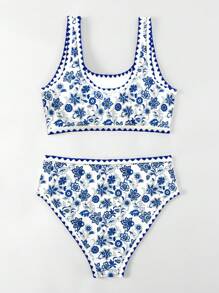 Swim Mod 女士花卉印花兩件式比基尼套裝，適用於夏季海灘和度假 - 彩色 - 查看 2