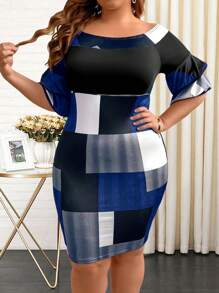 SHEIN Clasi Plus Size Geometric Printed Off Shoulder Flared Sleeved Dress - Multicolor - View 4