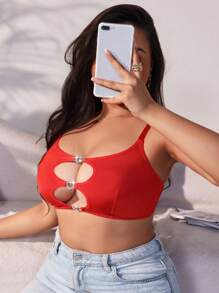 大码心形水钻扣和镂空设计时尚无钢圈文胸（音乐节） - 紅色 - 查看 5