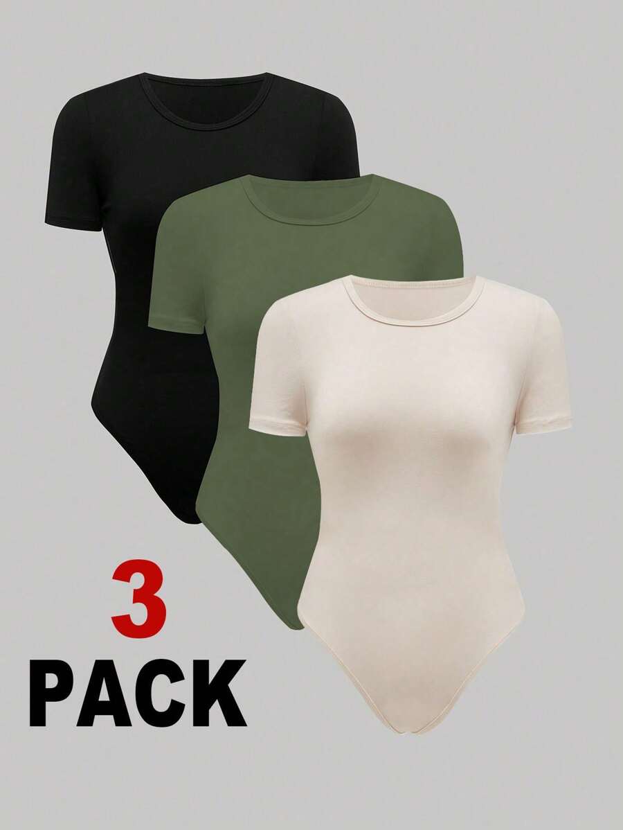 SHEIN Unity Solid Color Short Sleeve Bodysuit, Summer - Multicolor - View 1