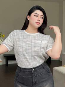 Dazy Petite Plus Plus Size Button Details Plaid Short Sleeve T-Shirt For Summer Casual Style