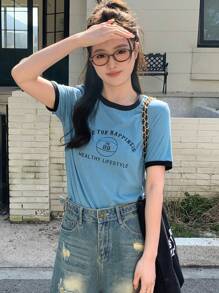 Camiseta De Manga Corta Con Letras Impresas Y Ribete Contrastante - Azul - Ver 5