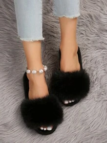 Fall/Winter Fashionable Women's Comfortable And Beautiful Open-Toe Flat Black House Slippers For Spring And Autumn,Fluffy Slippers - Black - View 3