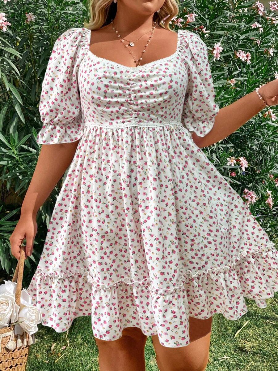 Flirla Plus-Size Bubble-Sleeve Dress With Floral Print And Ruffled Hem For Vacation - White - View 1