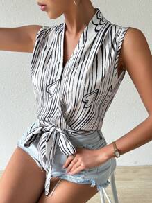 Chiquease Women's V-Neck Sleeveless Tie Up Spring Summer Basic Blouse (Random Cut Of Printed Fabric) - Apricot - View 6