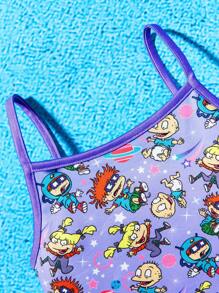 Nick 90s | SHEIN Young Girl Allover Cartoon Space Print Sling Pajama Two Piece Set - Purple - View 9