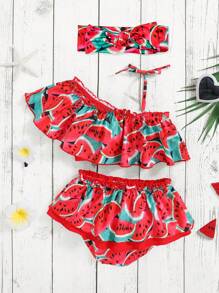 SHEIN Knitted Baby Girl Watermelon Swimsuit Set For Summer With Headband