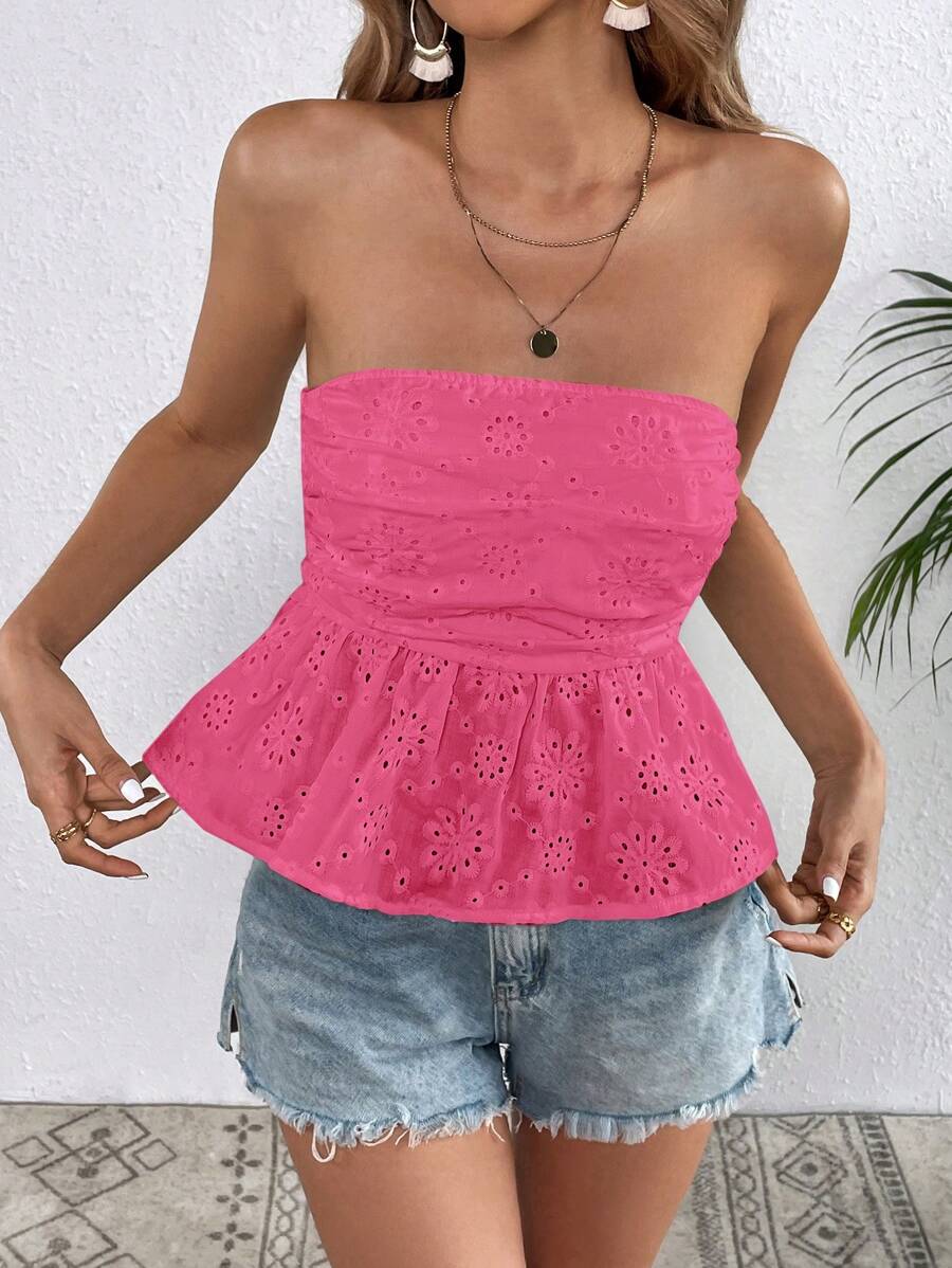 SHEIN VCAY Của phụ nữ Mùa hè Màu thuần Xu hướng: Cắt giảm Thêu Ống ngọn - Màu Hồng Tươi - Xem 1