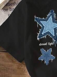 Attitoon Camiseta de manga corta de mujer de ajuste holgado con estampado de estrella azul, cuello redondo, de algodón mezclado de verano