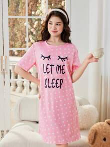 Teen Girl Polka Dot & Letter Print Short Sleeve Sleep Dress Home Wear, 1pc - Pink - View 3