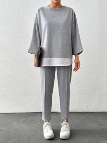 Cottnline Camiseta de hombros caídos 2 en 1 de 90% algodón y pantalones con detalle de costura - Gris - Ver 4