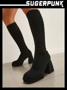 Sugerpunk Women's Shoes Minimalist Square Toe Platform Chunky Heeled Black Sock Boots For Summer For And Spring Shoes Spring Break Easter