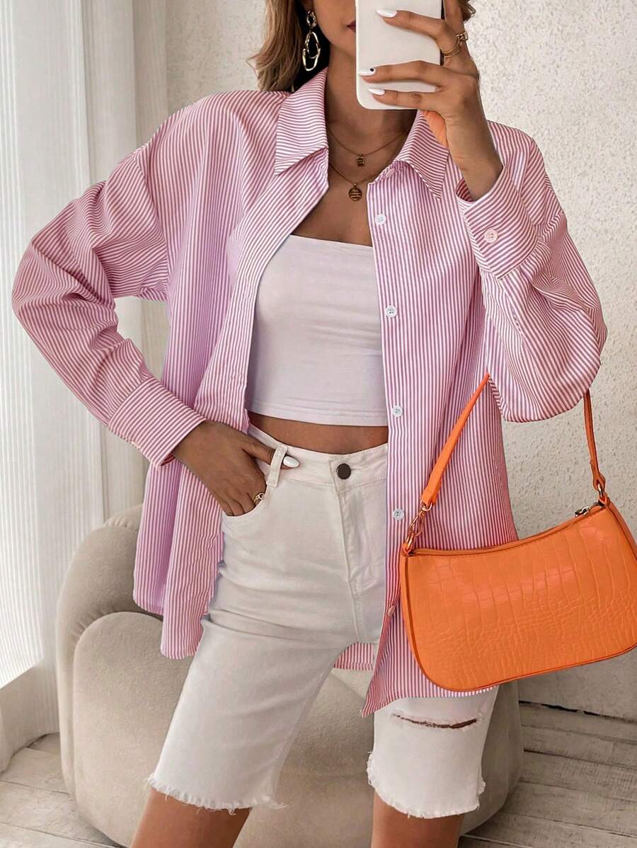 Chiquease 女性春夏款寬大版型落肩長袖條紋休閒襯衫 - 粉色 - 查看 1