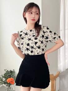 FRIFUL Summer Casual Floral Print Short Sleeve Holiday Shirt With Round Neck,Short Sleeve Tops Easter - Apricot - View 3