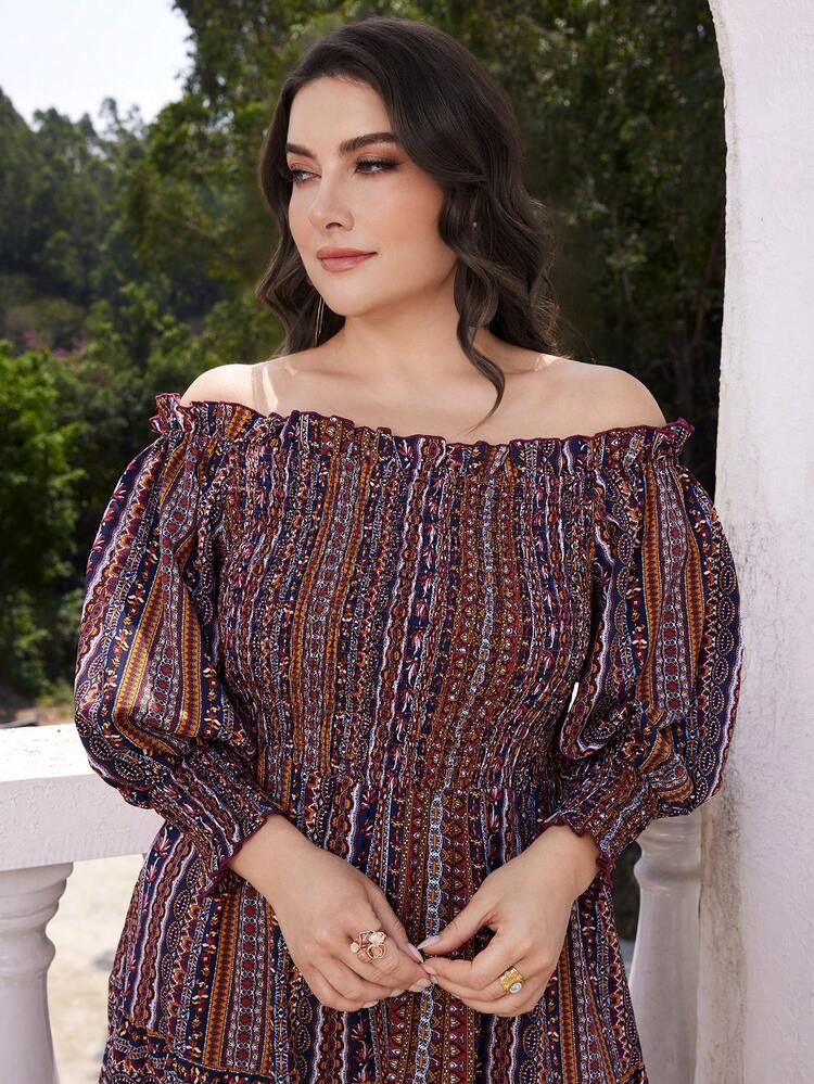 Plus Size Vintage Printed Off Shoulder Dress