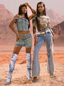 SHEIN BAE Cấu trúc bọc không đối xứng Hiệu ứng rửa axit Váy mini denim & Lễ hội âm nhạc & Bộ denim - Màu xanh lam - Xem 9