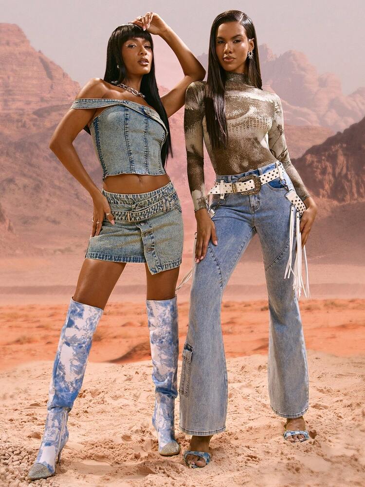 Asymmetrical Wrap Construction Acid-Wash Effect Denim Mini Skirt&Music Festival&Denim Set