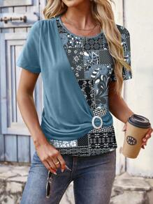 EMERY ROSE Camiseta de manga corta con cuello redondo, plisada, con estampado de patchwork, adecuada para uso casual de verano, camisetas gráficas para mujeres