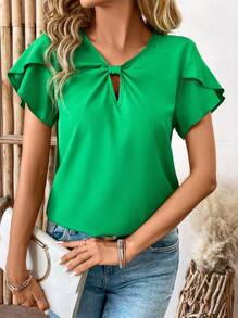 SHEIN Clasi Women's Solid Color Petal Sleeves Casual Shirt - Green - View 4