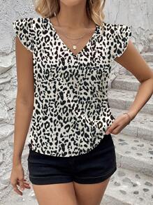 SHEIN Clasi 夏季休閒女士V領荷葉邊裝飾修身襯衫 - 杏色 - 查看 4