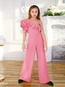 SHEIN Mono de verano para niñas preadolescentes con mangas de volantes de doble capa, alhajas de flores 3D y diseño de piernas anchas - Rosado Sandía - Ver 5