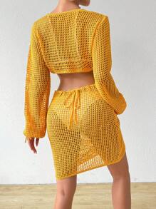 SHEIN Swim Vacation Solid Color Hollow Out Knit Cover Up Summer