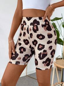 SHEIN LUNE Leopard Print Women Short Leggings - Mocha Brown - View 6