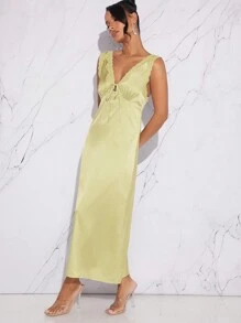 L'Amorae 蕾丝边缎面低胸无袖连衣裙 - 綠色 - 查看 3