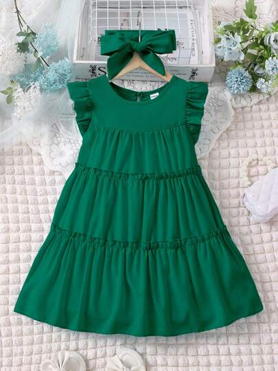SHEIN Elladie kids Vestido De Hem Con Volante Para Niña Joven Con Agujero Para Brazos, De Color Sólido, Con Banda Para La Cabeza