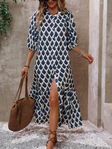 Breezaya 女士度假風格全印花長裙,前扣式開衩設計 - 藍色 - 查看 7