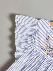 SHEIN Tween Girl Round Neck Striped Shirt With Embroidered Front And Ruffled Sleeves, Casual And Cute, For Spring/Summer - Baby Blue - View 3