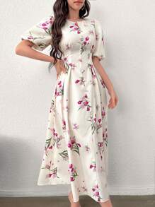 Modelyn Vestido largo de mujer con estampado floral, mangas de globo y cintura ceñida, vestido de noche informal y elegante para el verano