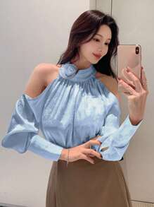 DAZY Camisa de mujer con cuello alto, hombros abiertos y mangas largas plisadas, ropa de mujer de otoño - Azul - Ver 5
