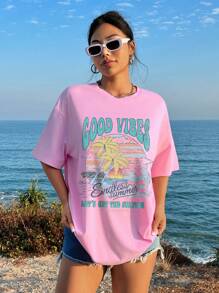 SHEIN EZwear T-shirt décontracté à manches courtes, col rond, imprimé de lettres pour les vacances à la plage, coupe ample, adapté à l'été, en mélange de coton - Rose pâle - Voir 4