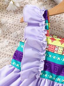 Baby Girls' Printed Patchwork Ruffle Edge Romper Dress For Summer - Purple - View 5