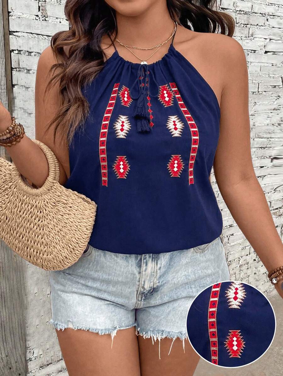 Breezaya Camisola Con Cuello Halter Y Lazo Delantero Con Patrón Geométrico De Talla Grande - Azul Marino - Ver 1