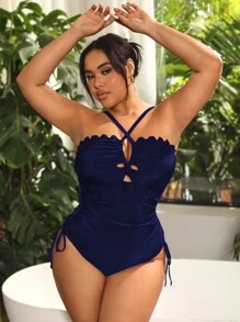 SHEIN Swim Curve Plus Size Summer Beach Hollow Out Side Drawstring Halter One-Piece Swimsuit - Navy Blue - View 4