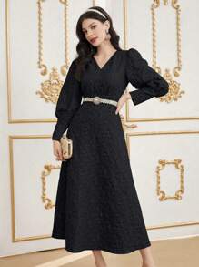 Modelyn Women's Spring/Autumn Solid Color Jacquard Bubble Sleeve Dress
