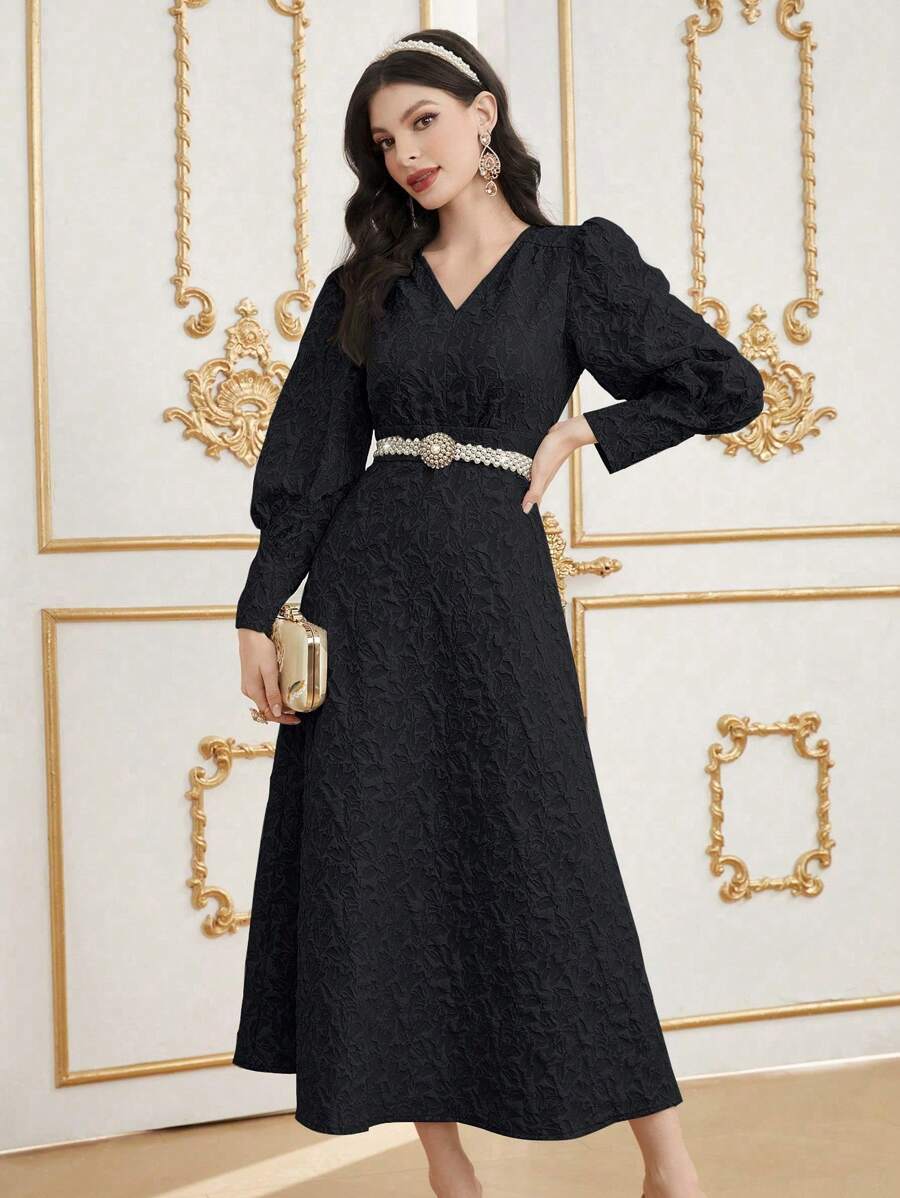 Modelyn Women's Spring/Autumn Solid Color Jacquard Bubble Sleeve Dress