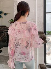 DAZY Của phụ nữ Cổ chữ V Viền Ruffle Đúng mốt Mùa xuân/Mùa hè In Áo sơ mi - Hồng - Xem 5