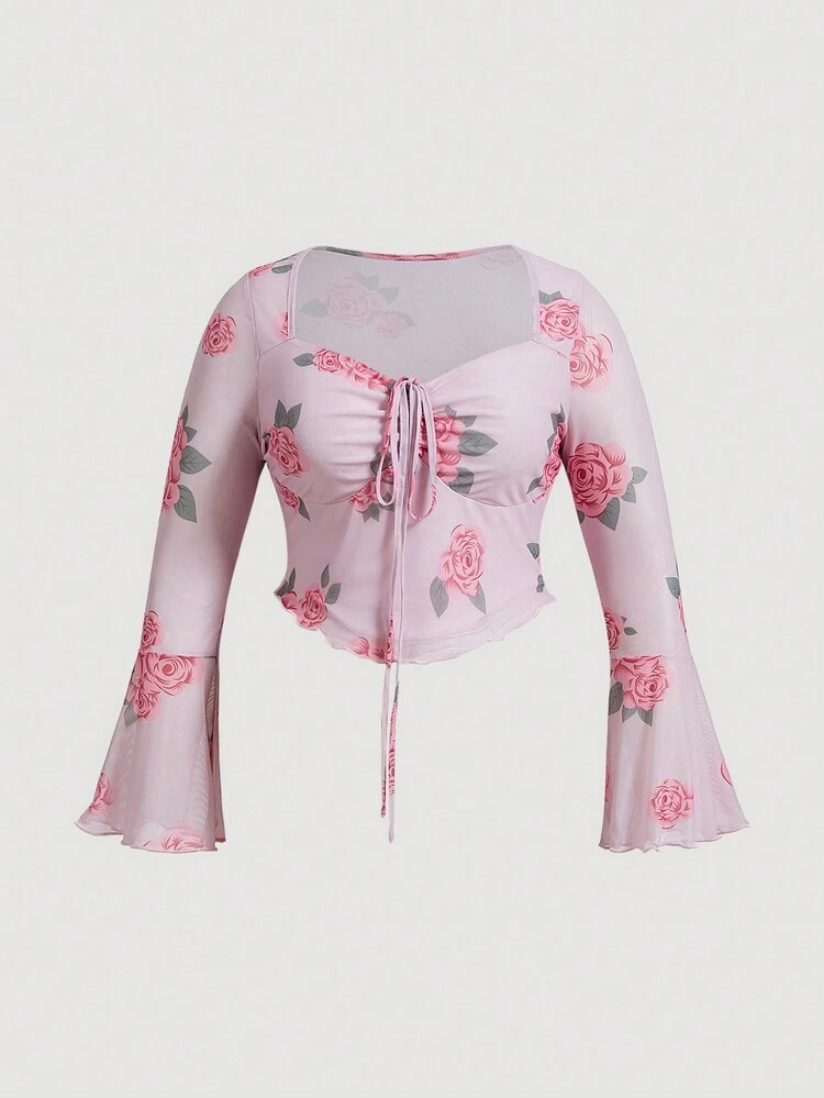 Plus Size Floral Printed Mesh Ruffle Sleeve T-Shirt For Spring Casual Wear