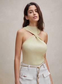 Anewsta Quý cô Knit ngọn Với Vàng Ánh sáng lung linh Chi tiết Và Xoắn Nút Ngực - Màu be - Xem 4
