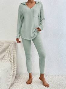 SHEIN Cottnline Casual Spring Hooded Sweater And Skinny Pants Set - Mint Green - View 5