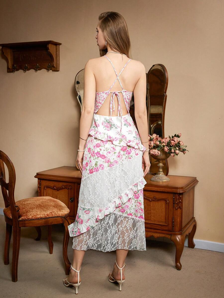 Chiquease Váy dây mảnh in hoa ngẫu nhiên buộc chéo sau lưng nhiều lớp bất đối xứng cho nữ - Nhiều màu - Xem 1