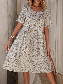 SHEIN LUNE 波西米亞風格迷妹花短袖荷葉邊中長裙