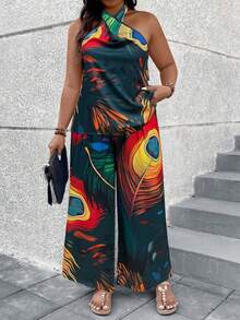 SHEIN LUNE Women's Plus Size Colorful Printed Open Shoulder 2pcs Set - Green - View 5
