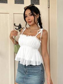 SHEIN EZwear Spring/Summer Mesh Rose Decoration Cinching Waist Cami Top - White - View 3
