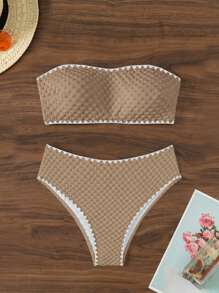 SHEIN Swim Bộ bikini băng đô không dây màu trơn dành cho nữ đi biển mùa hè dành cho kỳ nghỉ - màu nâu - Xem 1