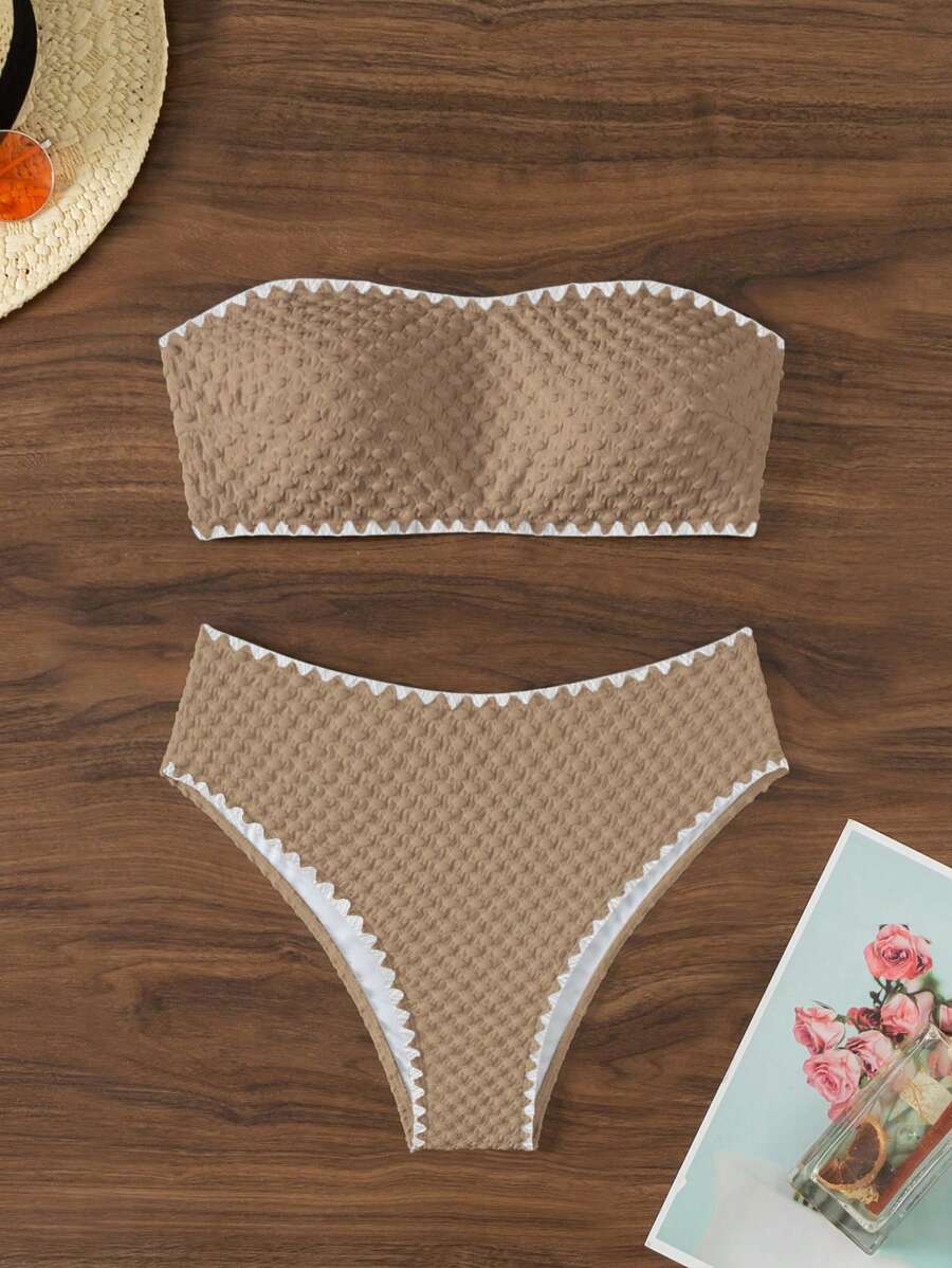 SHEIN Swim Bộ bikini băng đô không dây màu trơn dành cho nữ đi biển mùa hè dành cho kỳ nghỉ - màu nâu - Xem 1